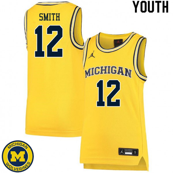 Youth Michigan Wolverines #12 Mike Smith Yellow College Basketball Jersey